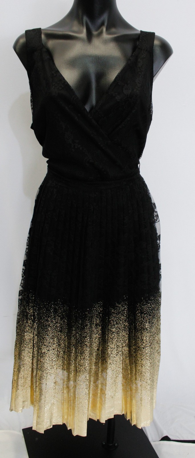Worthington Women’s Tie Back Lace Pleated Midi Dress AP2 Black Gold Size: 12 NWT