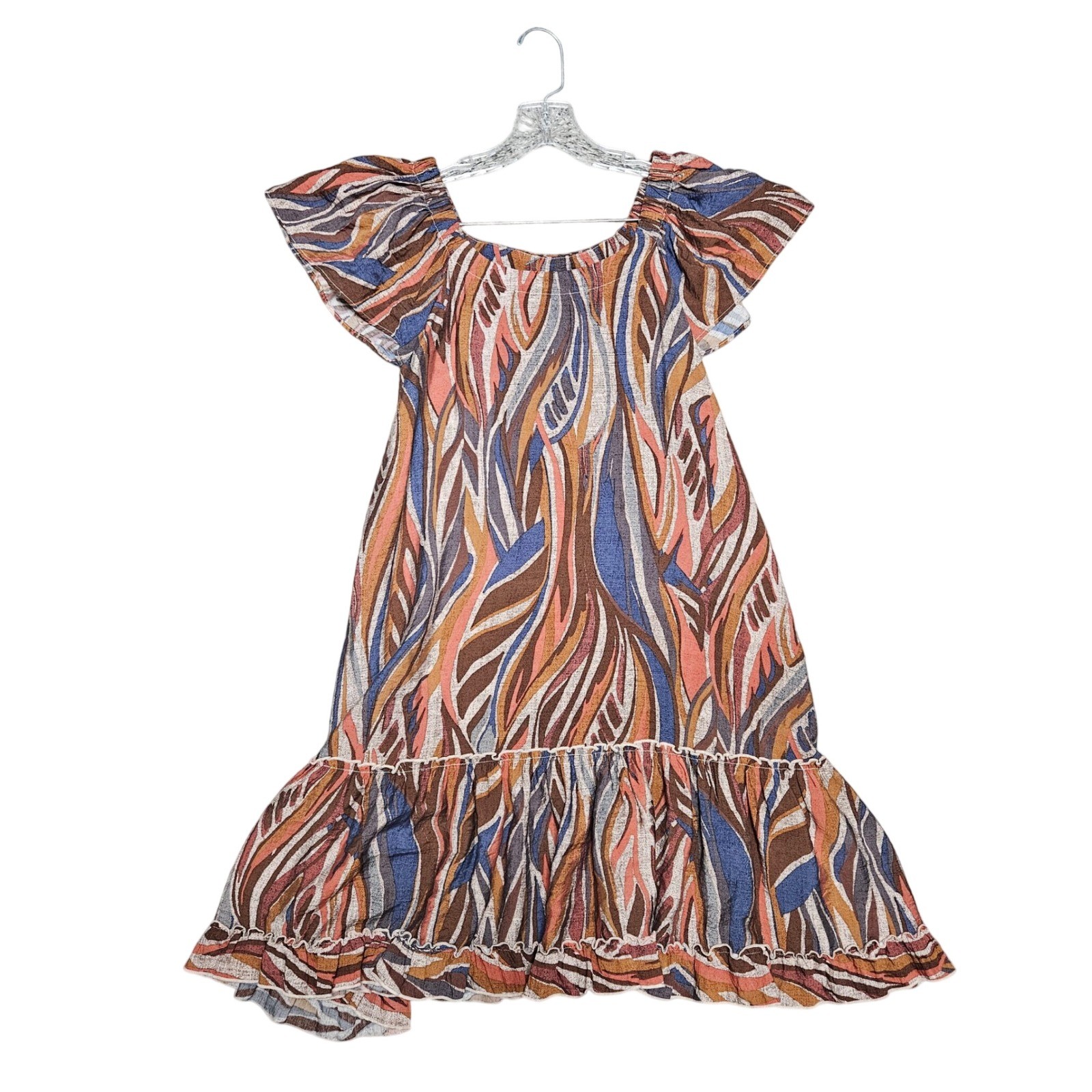 Boho Mini Robbie Bee Dress Womens Sm Multi Abstract Leaf Ruffle Hem Off Shoulder