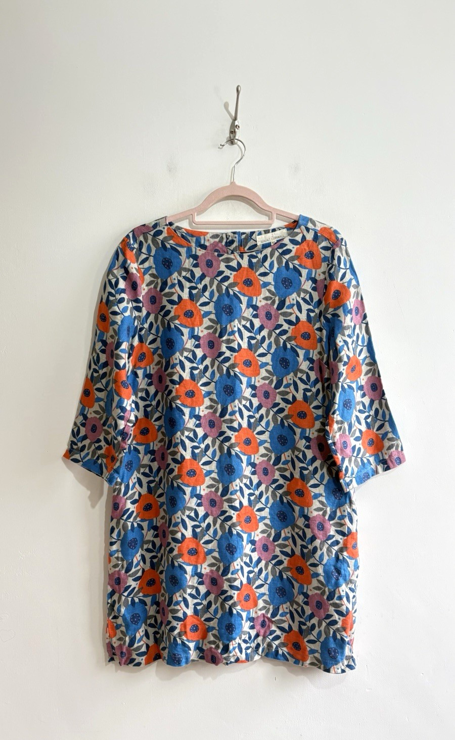 Seasalt Sol Blaze Dress Size 12 100% Linen Tunic Grey Floral Cottagecore Costal
