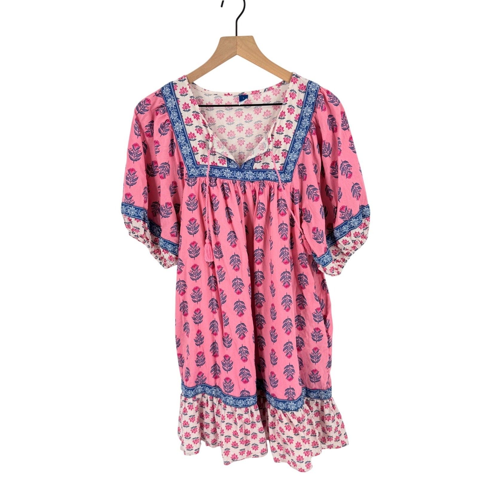 Old Navy Floral Boho Mini Dress Pink Large Cotton Blend Tassel Neck Pockets