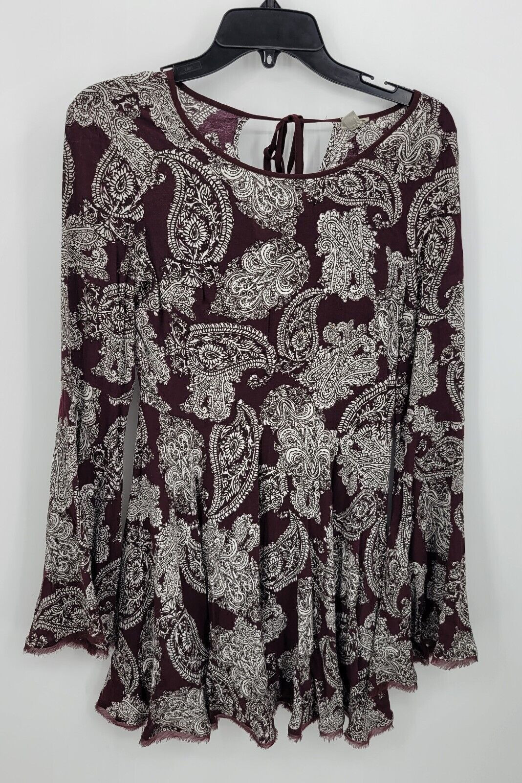 Ecote Dress Womens 4 Maroon White Paisley Long Sleeve Boho Tunic Mini Scoop Neck