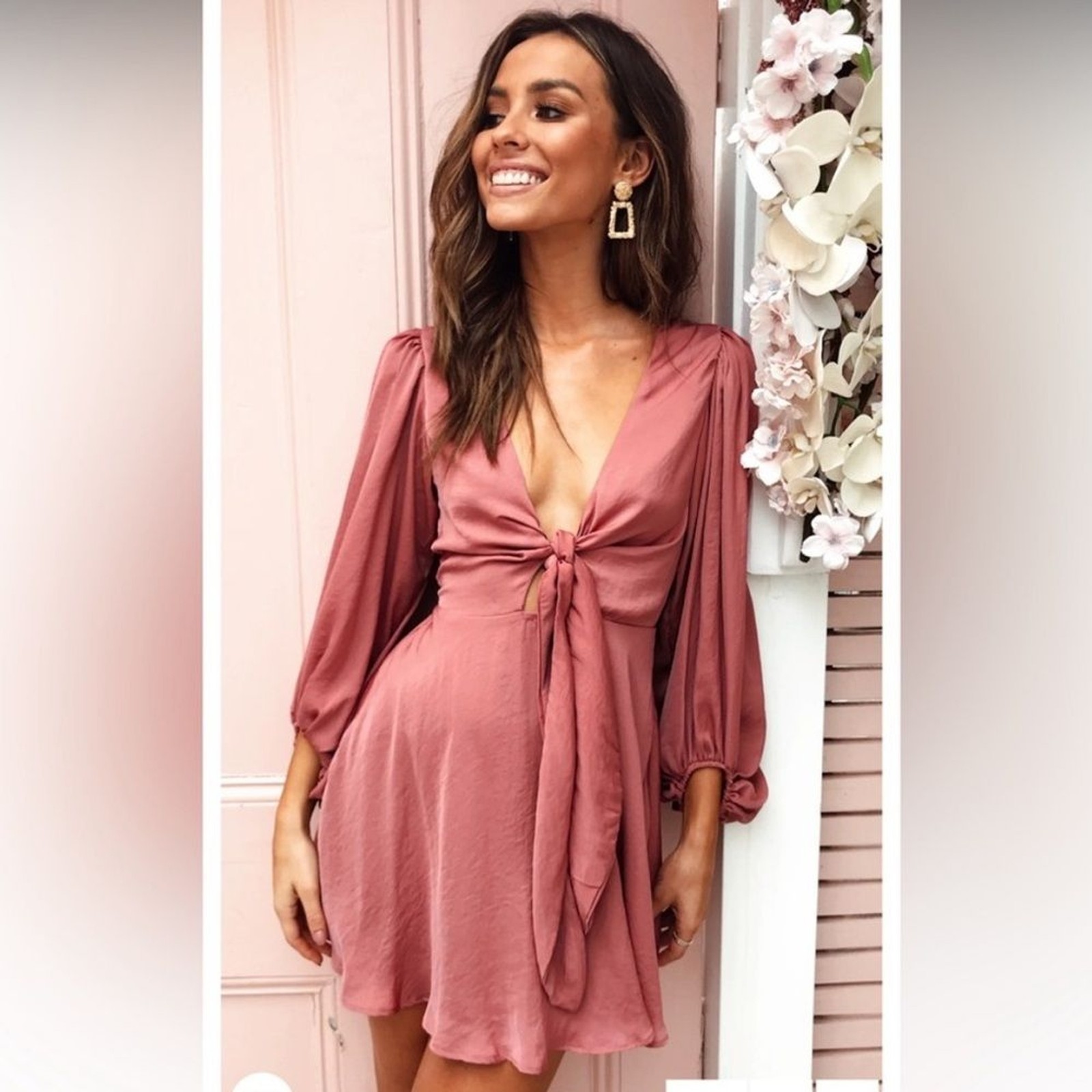 NWT Billy J Sola Satin A-line Mini Dress Long Sleeve in Baked Rose Size 16