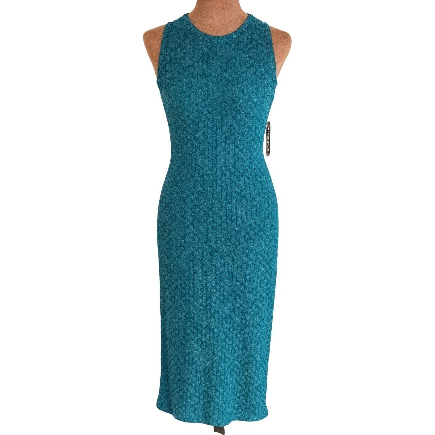 Donna Morgan Teal Maxi Dress Textured Knit Cutout Back Stretch NWT 6 Sleek
