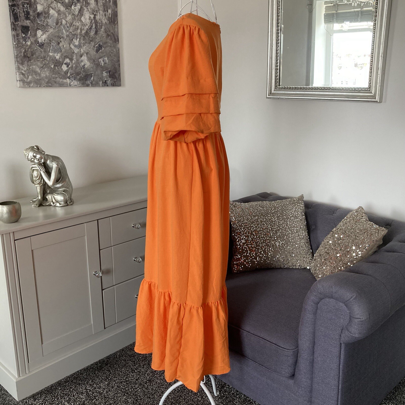 Orange Round Neck Short Puff Sleeves Cut Out Sides Tiered Hem Midi Dress S 8-10