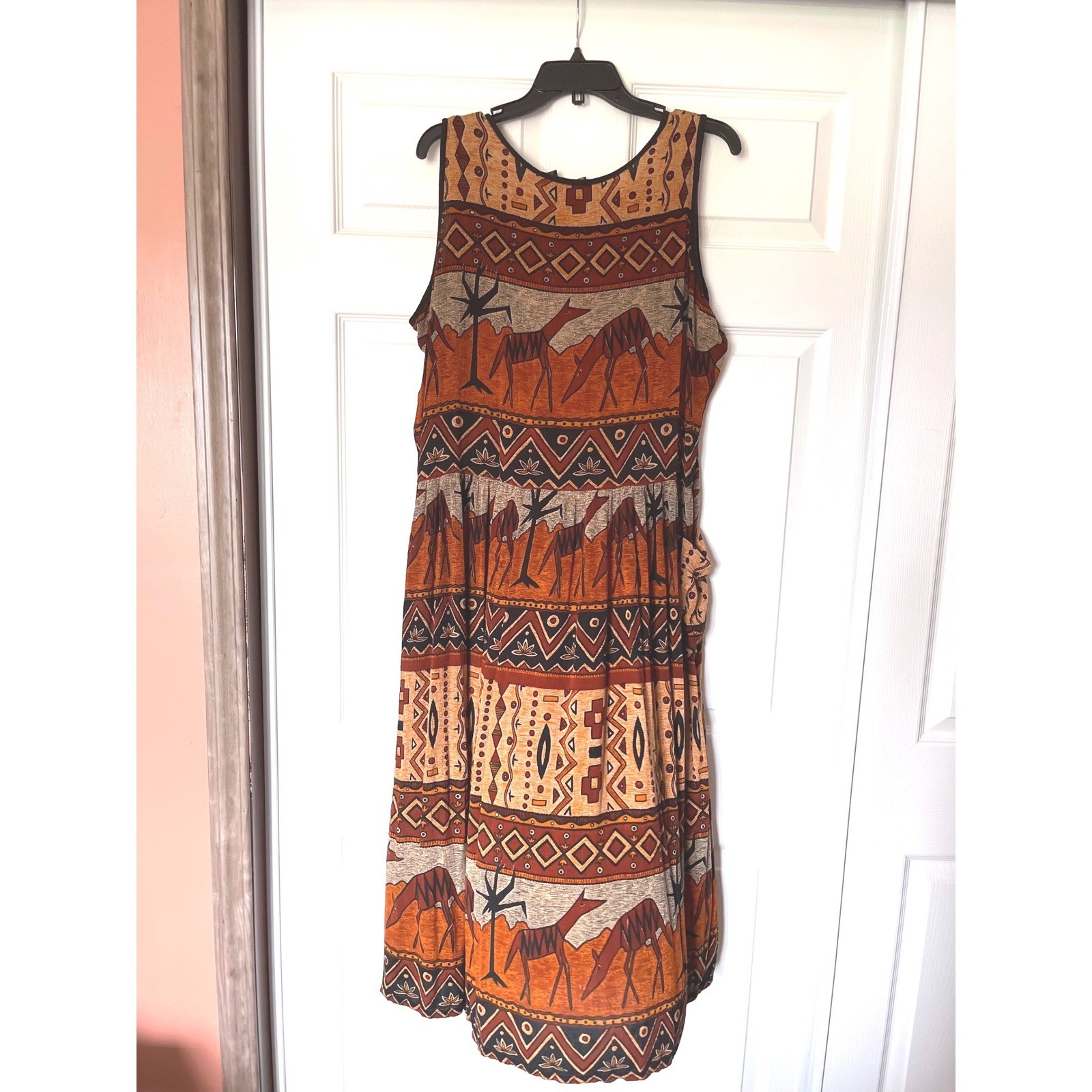 Bila Womens Tribal Print Sleeveless Maxi Dress Orange Brown Rayon Boho Large