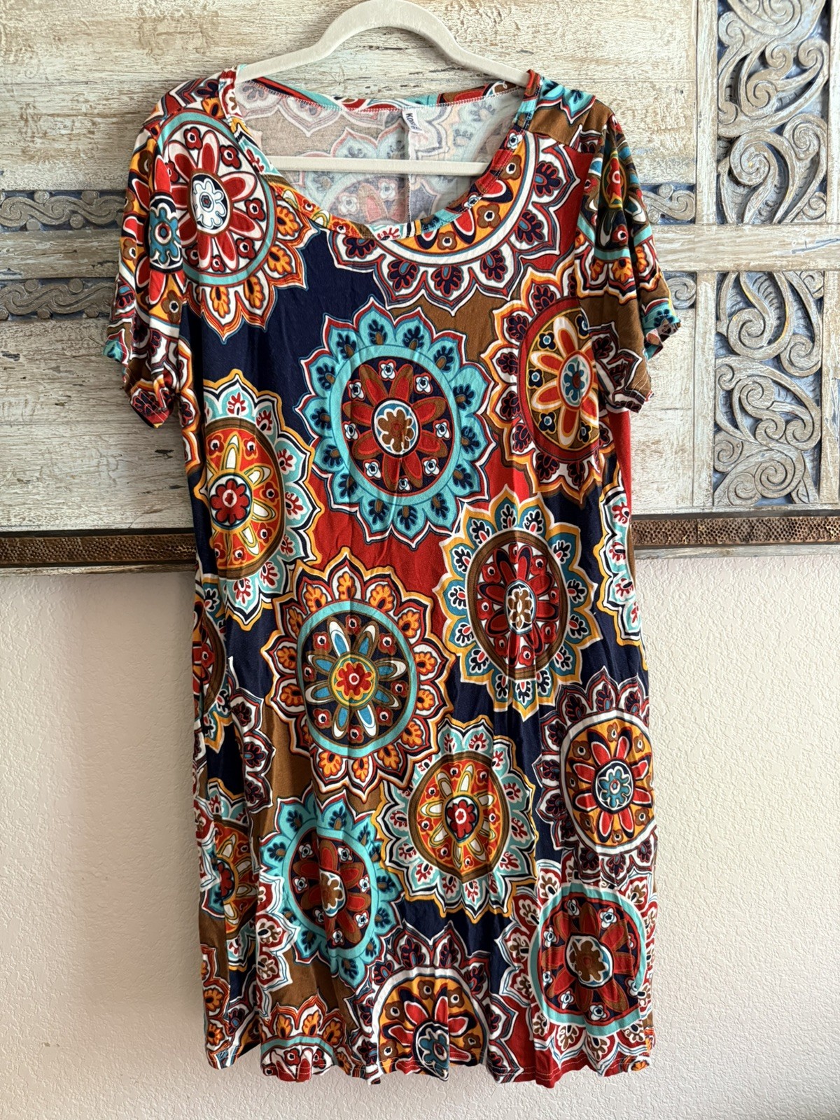 Korsis Mandala Geometric Red Womens 3XL Knee Length Stretch Summer Shirt Dress