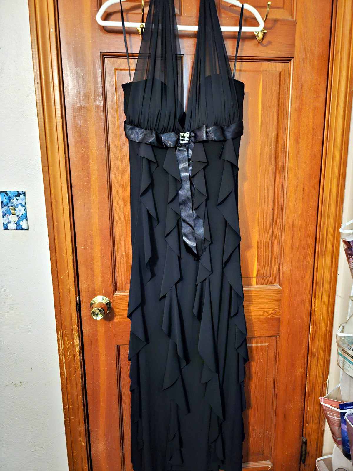 DJ-JAZ Black Solid Halter Sleeveless Ruffle Bow Rhinestone Zip Maxi Dress 14