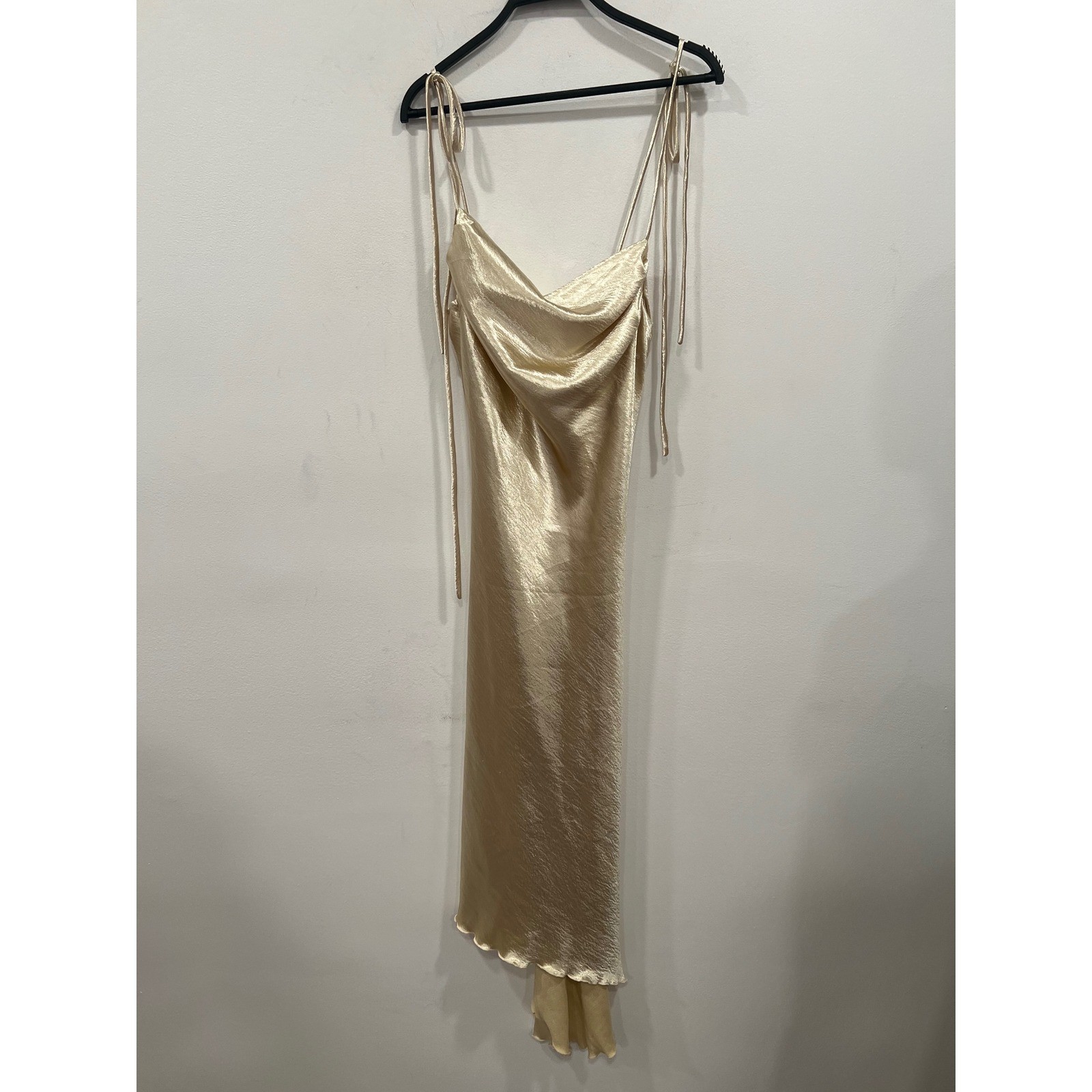 Champagne Gold Cowl Neck Satin Midi Dress Womens Medium Tie Strap