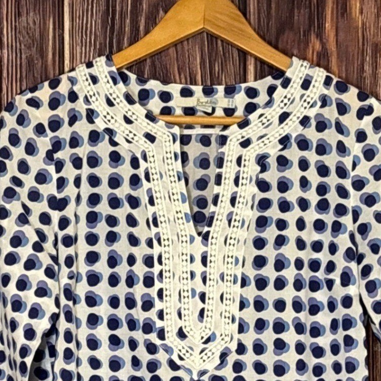 Boden Tunic Top Womens US 6R Blue Purple Polka Dot Cotton Crochet Trim Boho