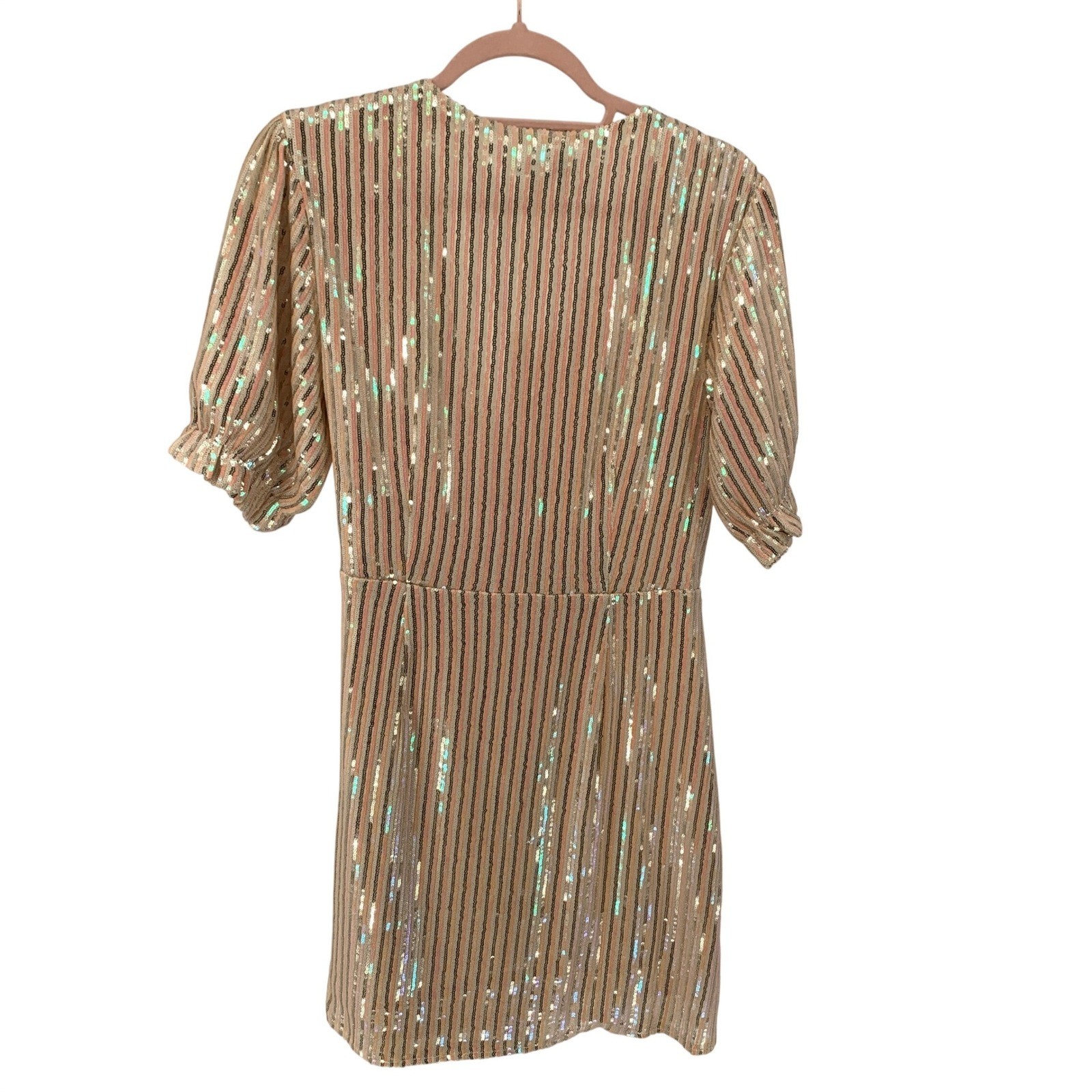 Endless Rose Sequin Striped Wrap Dress Gold Iridescent V-Neck Puff Sleeve Large