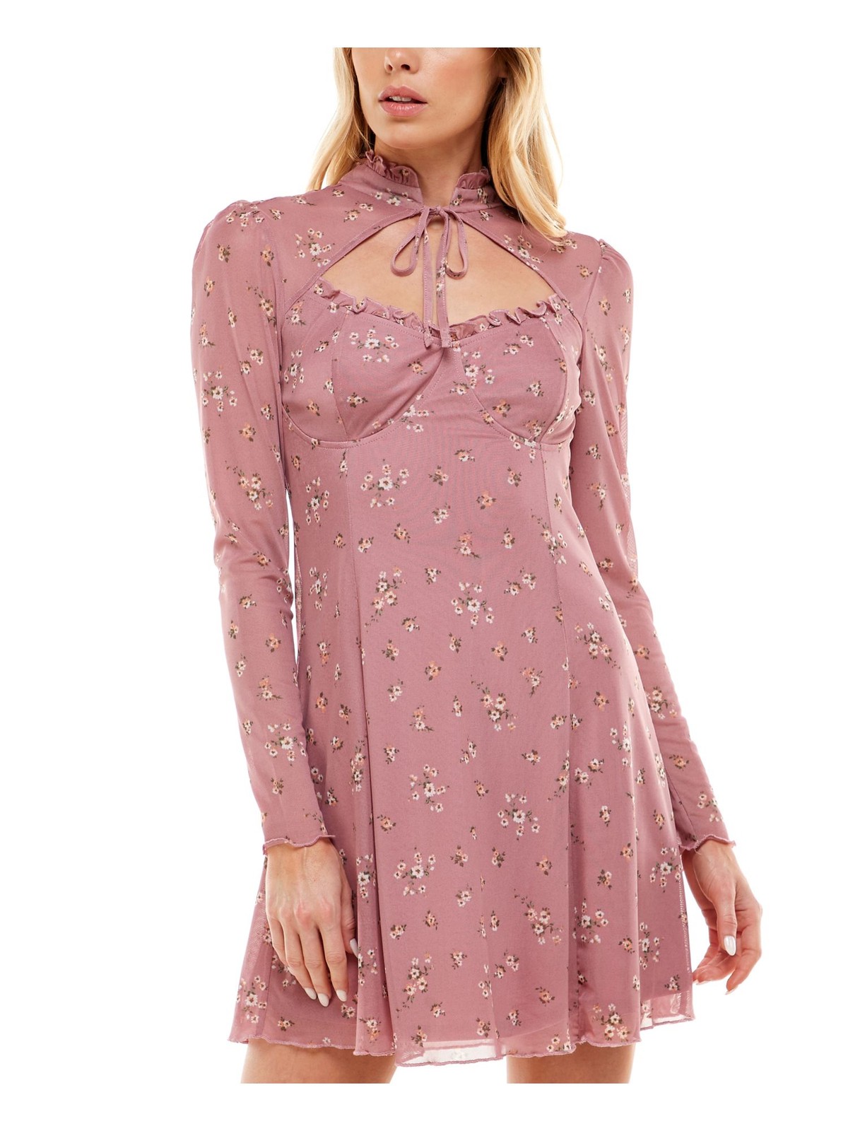 ULTRA FLIRT Womens Long Sleeve Tie Neck Short Party Fit + Flare Dress