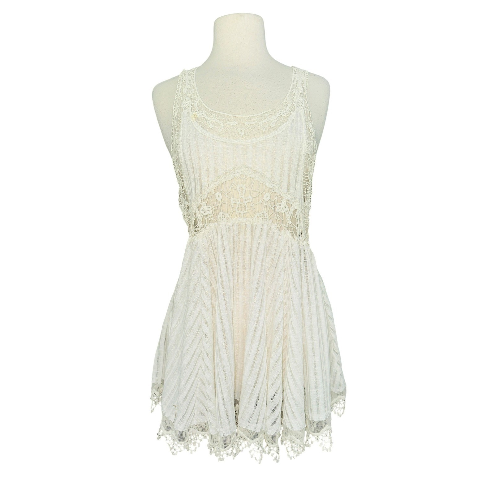 Vintage Havana Cream Crochet Lace Trim Mini Dress Sleeveless One Size