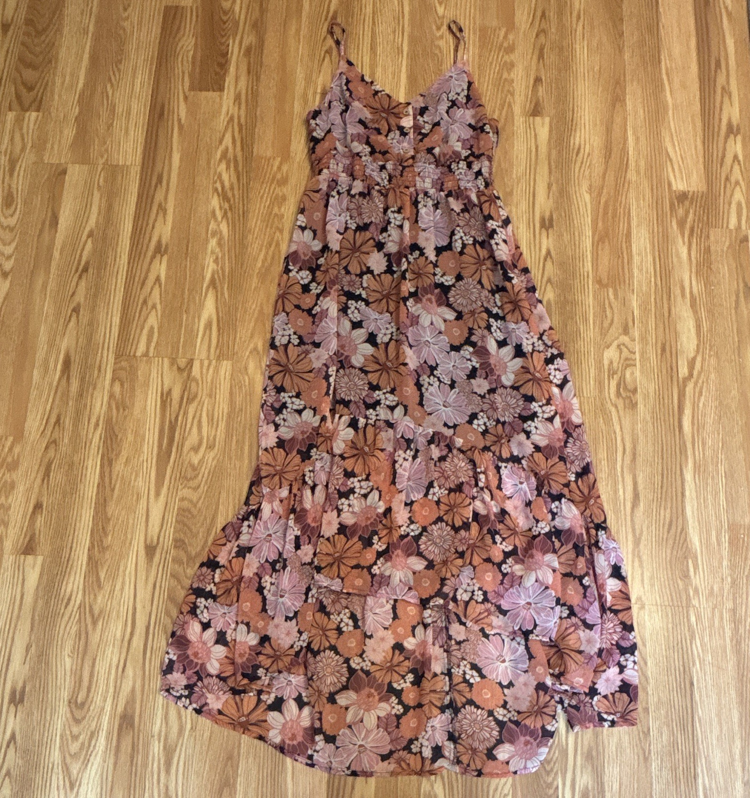 3RD+MALT Black Pink Brown Floral Maxi Sundress V-Neck Smocked Button Size L