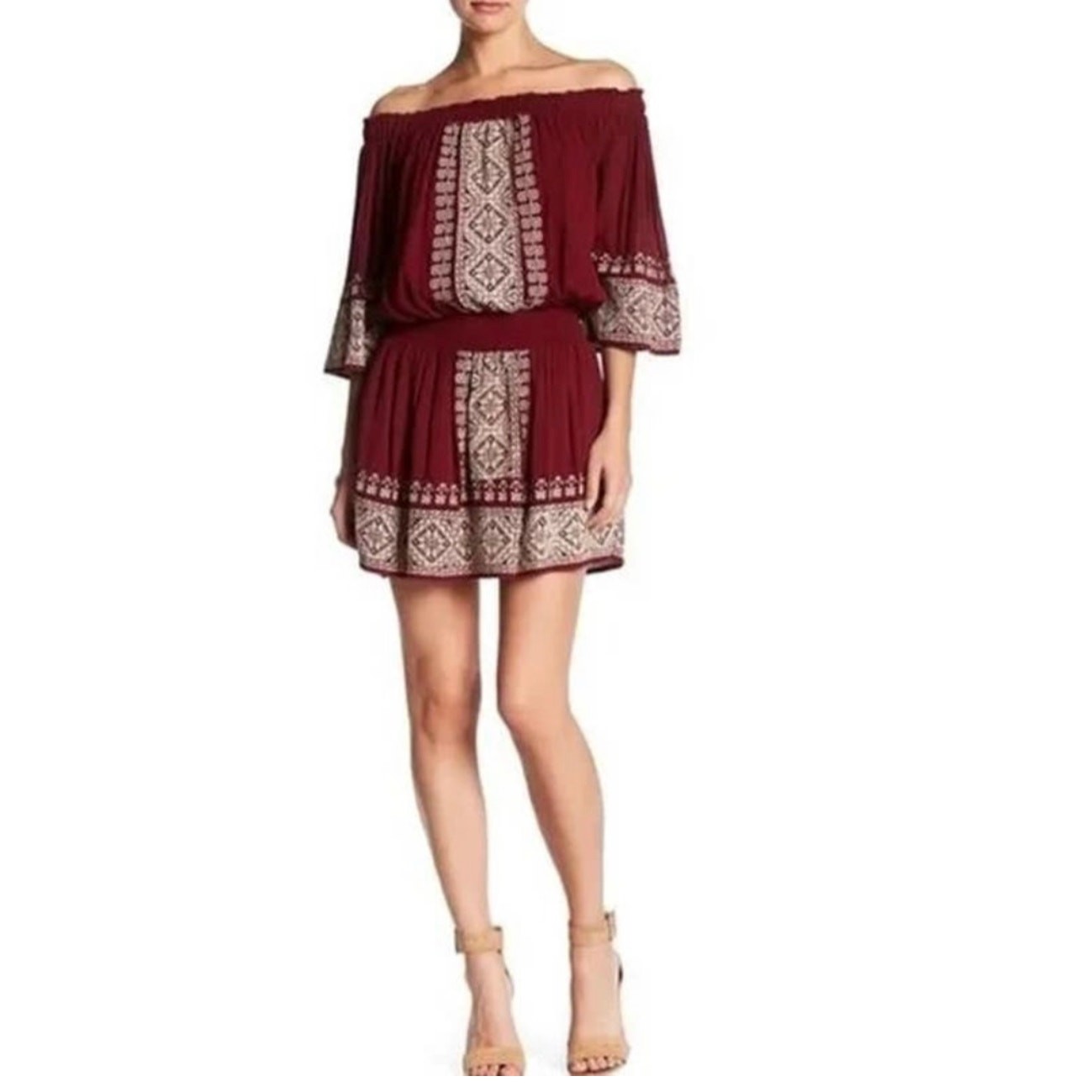 Tularosa Fiona Embroidered Smocked Waist Off Shoulder Dress Size M Medium Red