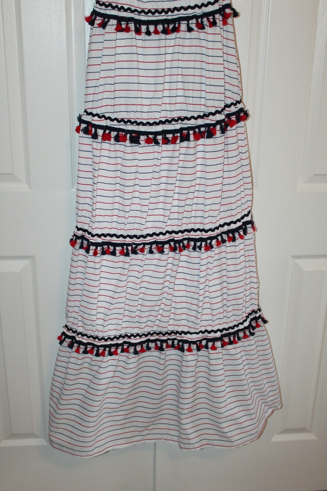 New L’ATISTE Boho Tiered White Blue Red Cotton Maxi Dress Size Medium or Large