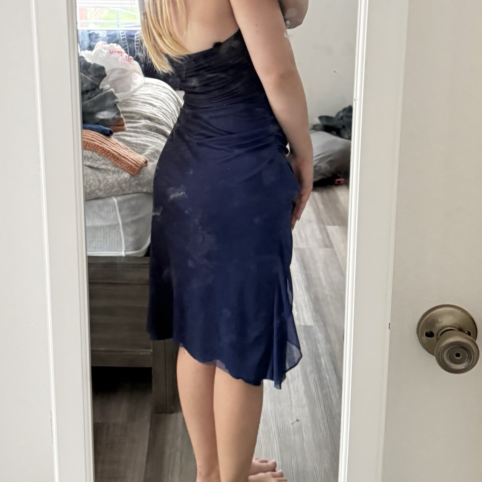 BETSY & ADAM Linda Bernell Blue Halter Ruched Beaded Chiffon Sheath Dress 4