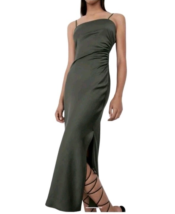 Zara Dark Khaki Green Satin Effect Slip Midi Dress Side Ruched Draped Slit Sz L