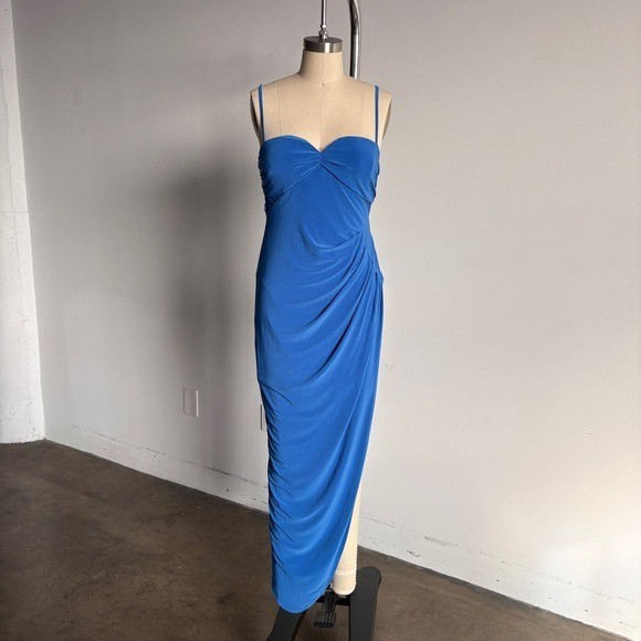 $398 NWT BCBGMaxAzria Asymmetrical Side Drape Dress in Larkspur Blue Sz 4