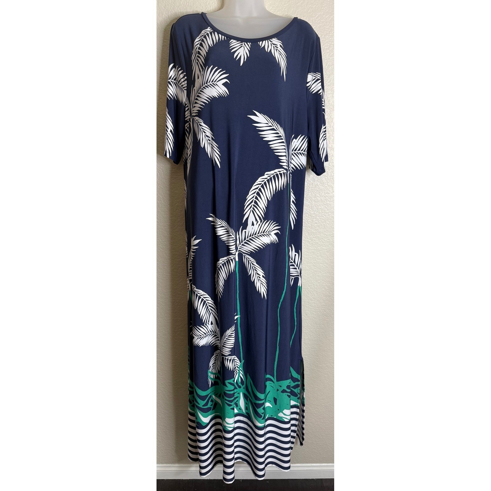 Chicos 3 US XL Maxi Dress Navy Blue Tropical Palm Tree Print Short Sleeve Slit
