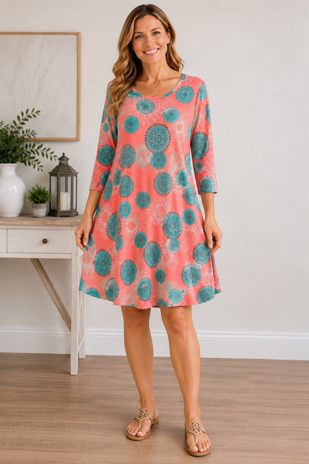 Coral & Aqua Medallion Print Tunic Dress L *READ FLAW* A-Line Stretch Swing Knee