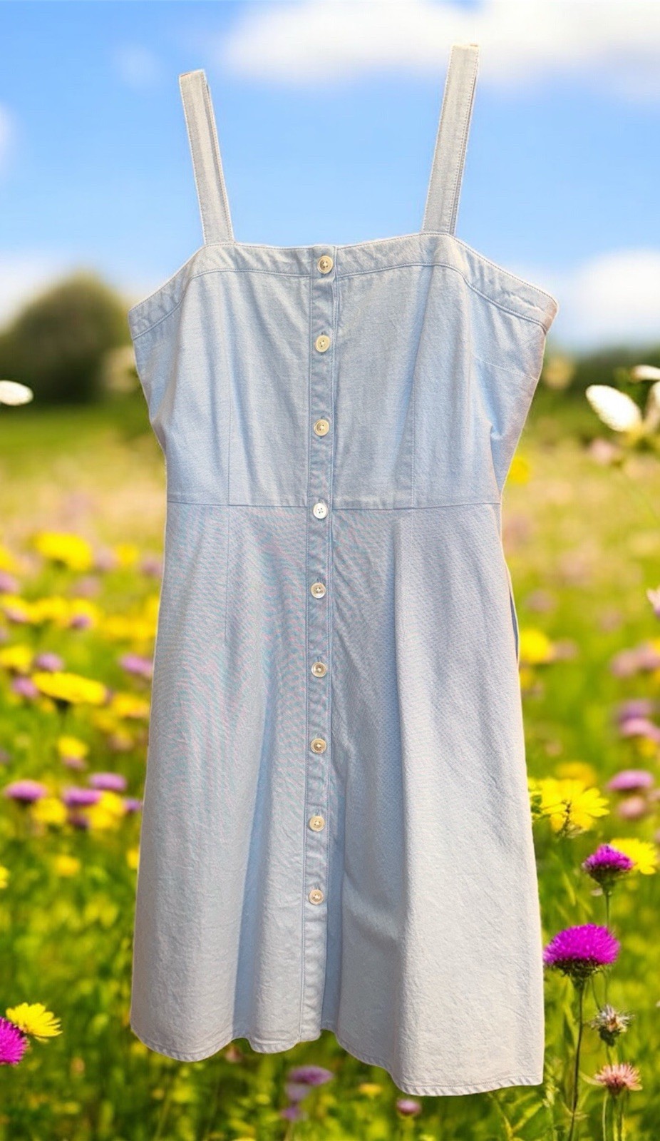 Lands End Canvas Cotton Button Down Sky Blue Halter Strap Dress Size 6 Classic
