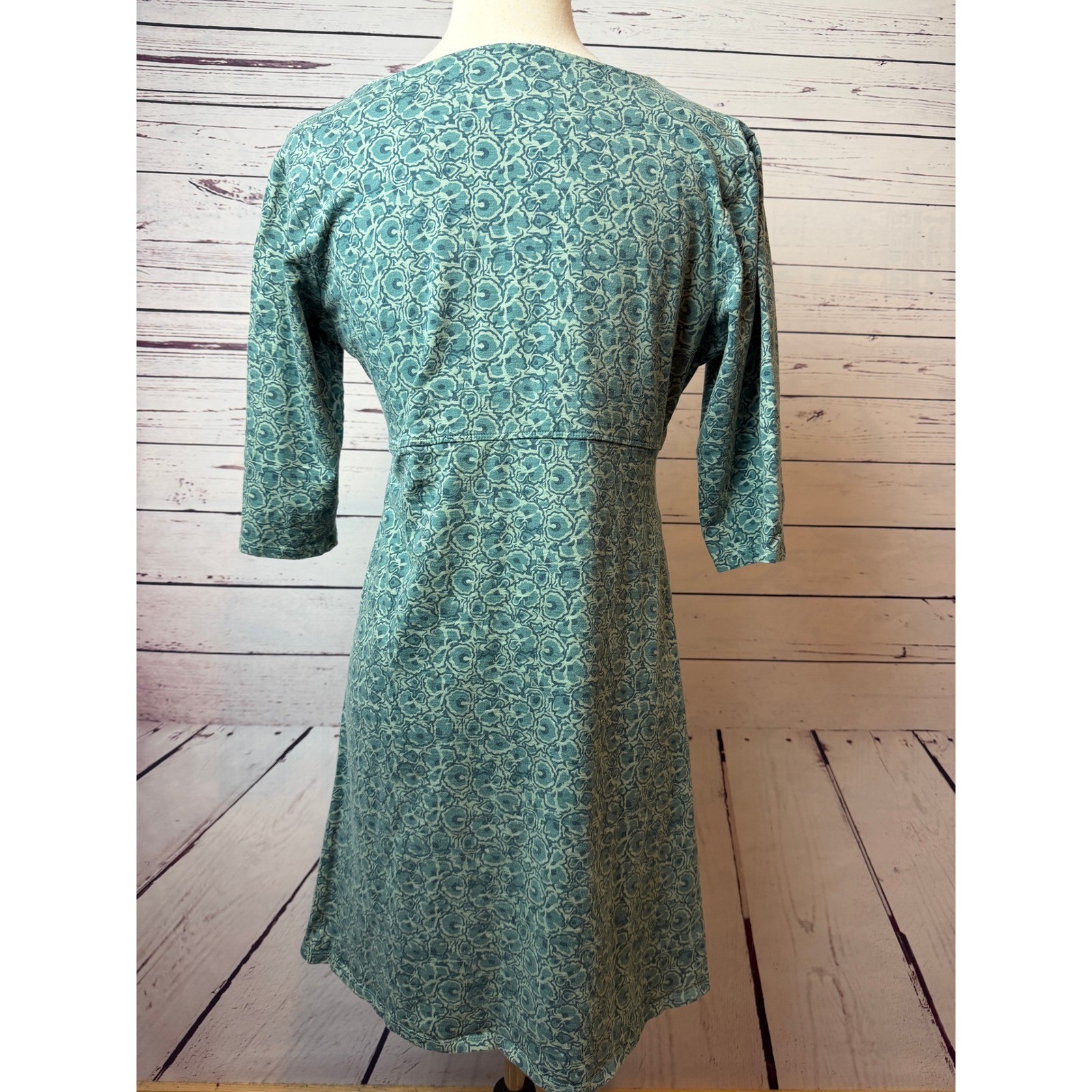 Toad&Co Rosalinda Dress Large Green Floral A-Line Knit Empire Waist Boho Ruched