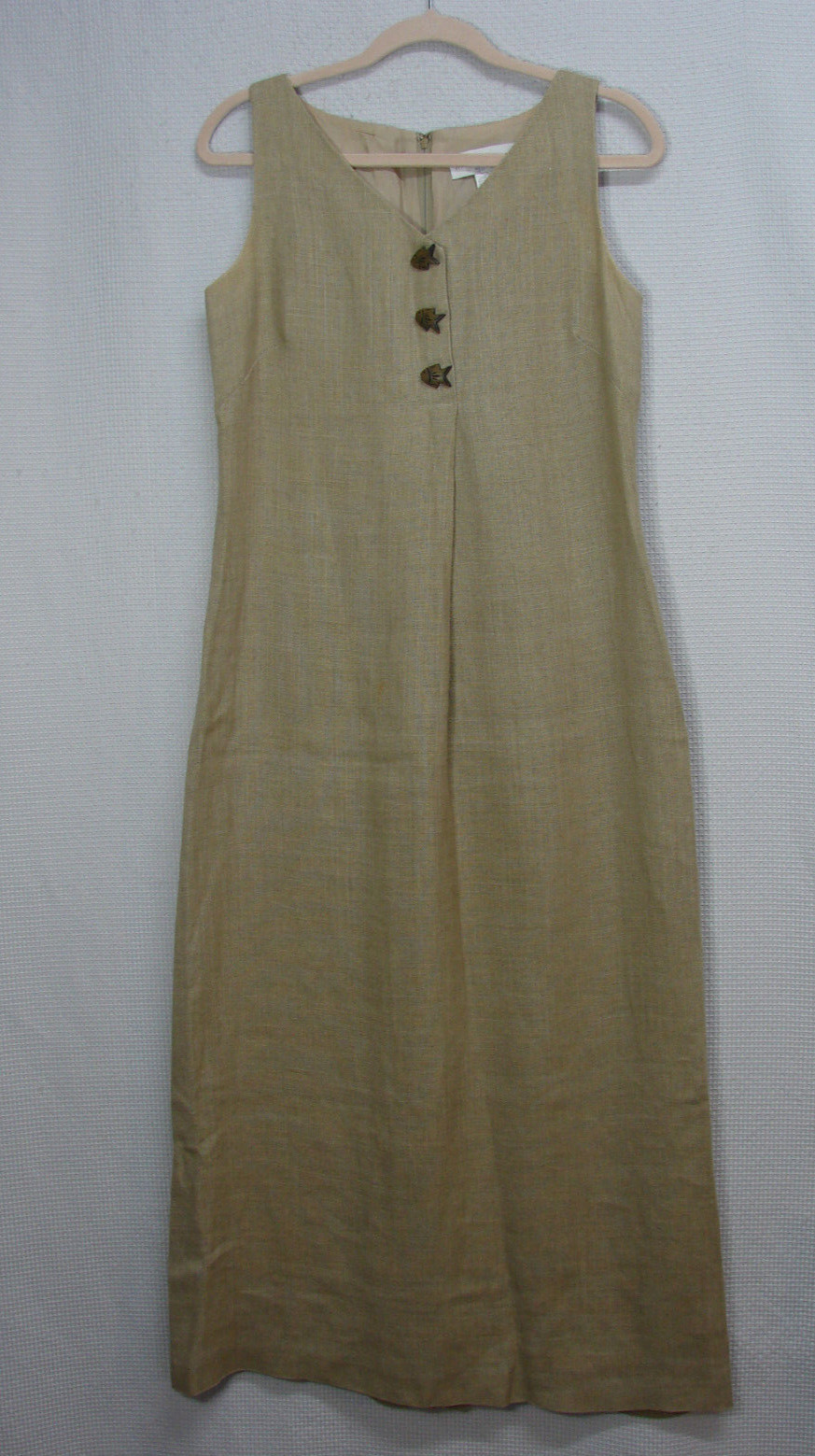 Maggy London 100% Linen Maxi Sheath Shift Dress Sleeveless Faux Fish Buttons 6
