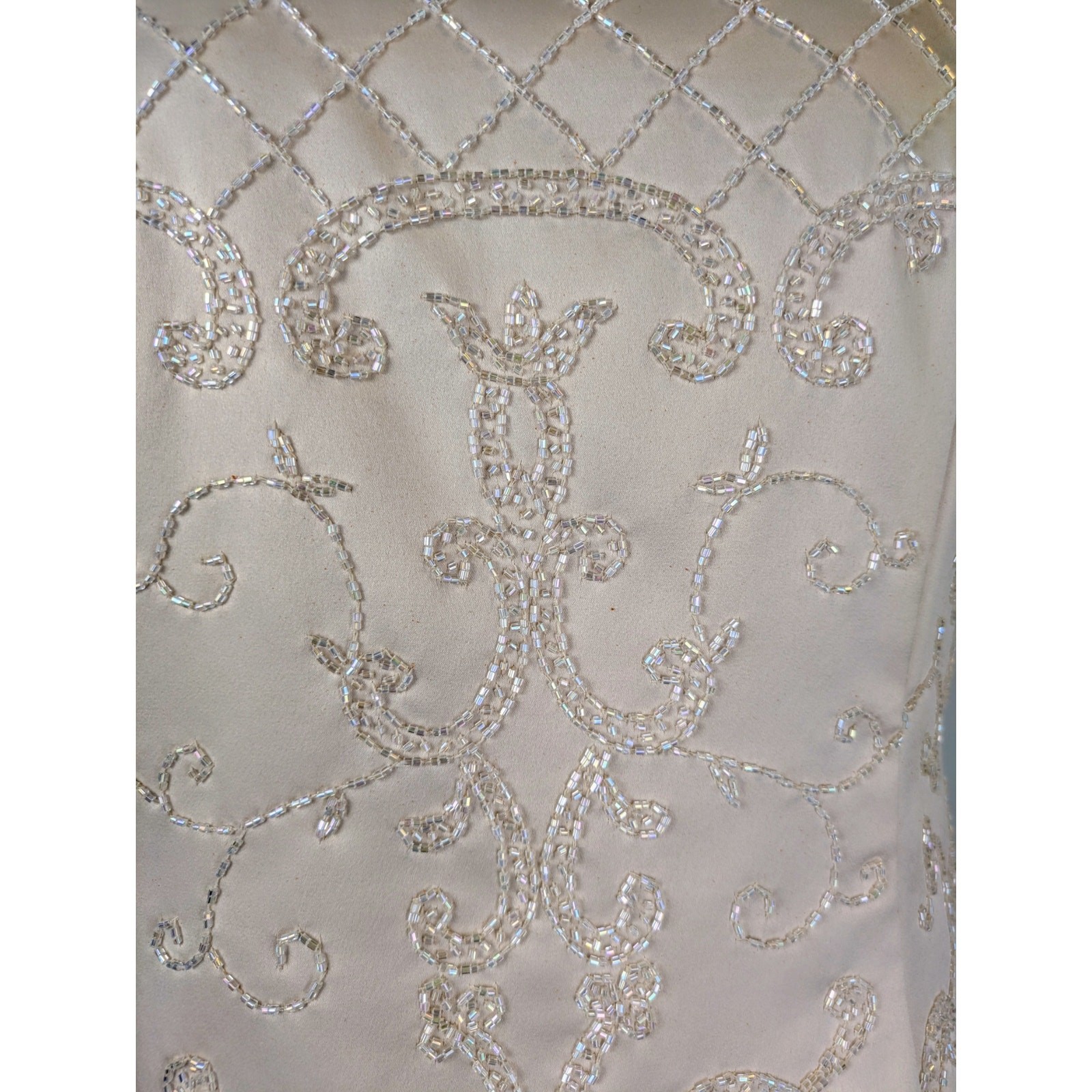 Karen Miller Maxi Dress 10 Cream Satin Beaded Short Sleeve Formal Event Wedding