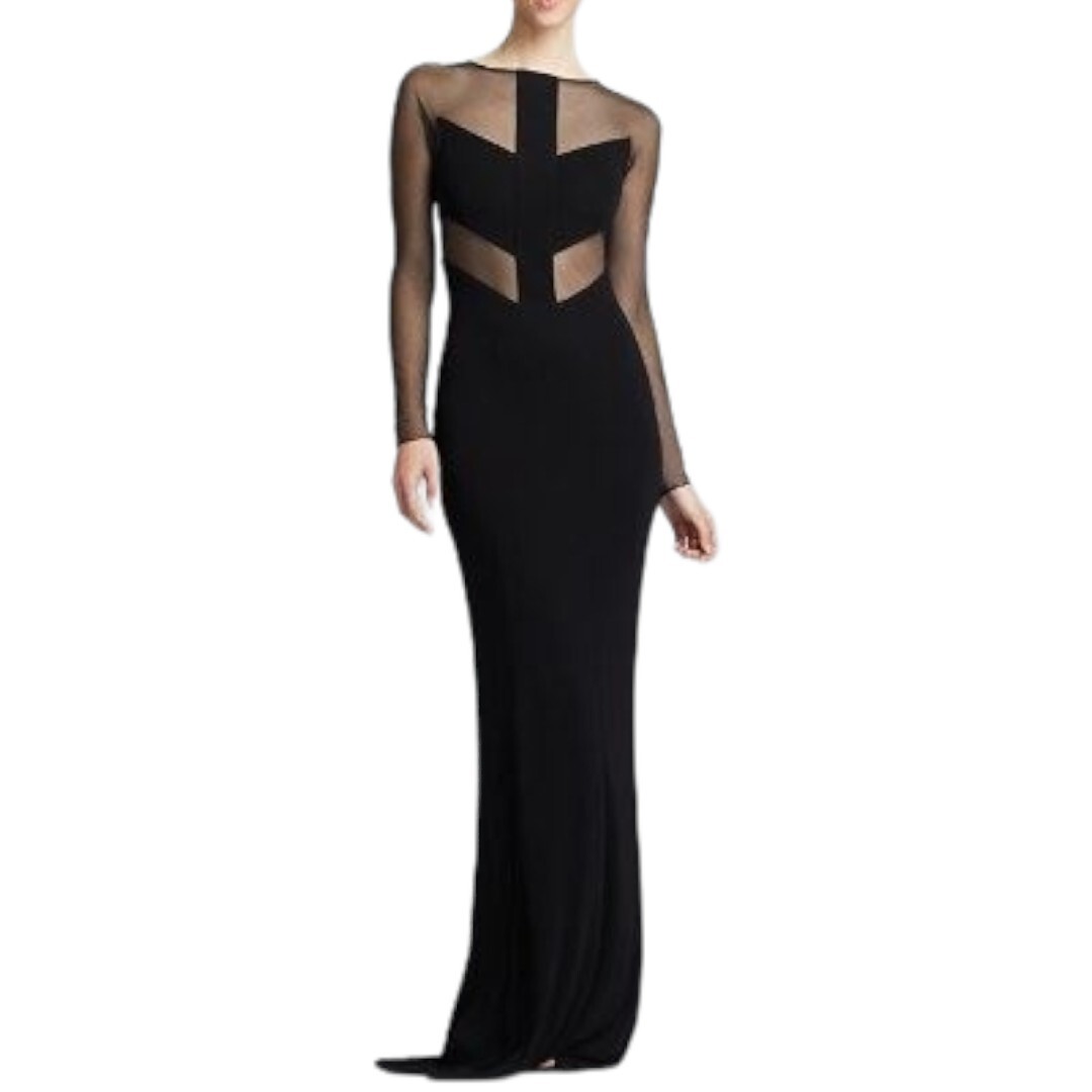 NEW ABS Allen Schwartz Black Illusion Bodice Long Sleeve Column Gown Size M/6