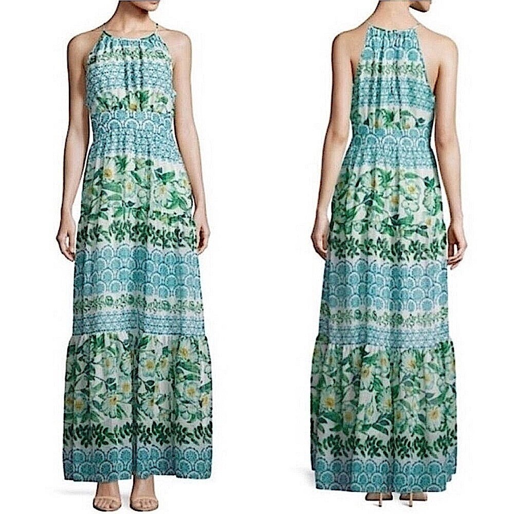 Eliza J Floral‎ Halter Maxi Dress Women’s sz 14 Blue Green Yellow