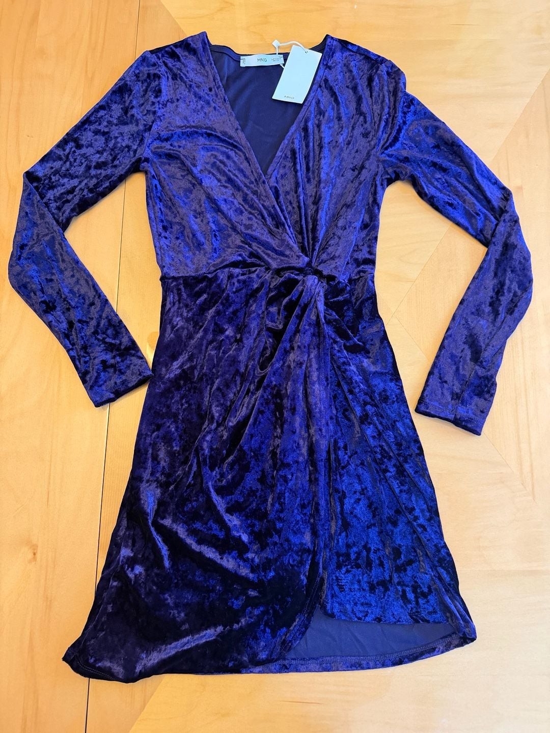 Mango Velvet Long Sleeve Knot-Front Mini Dress