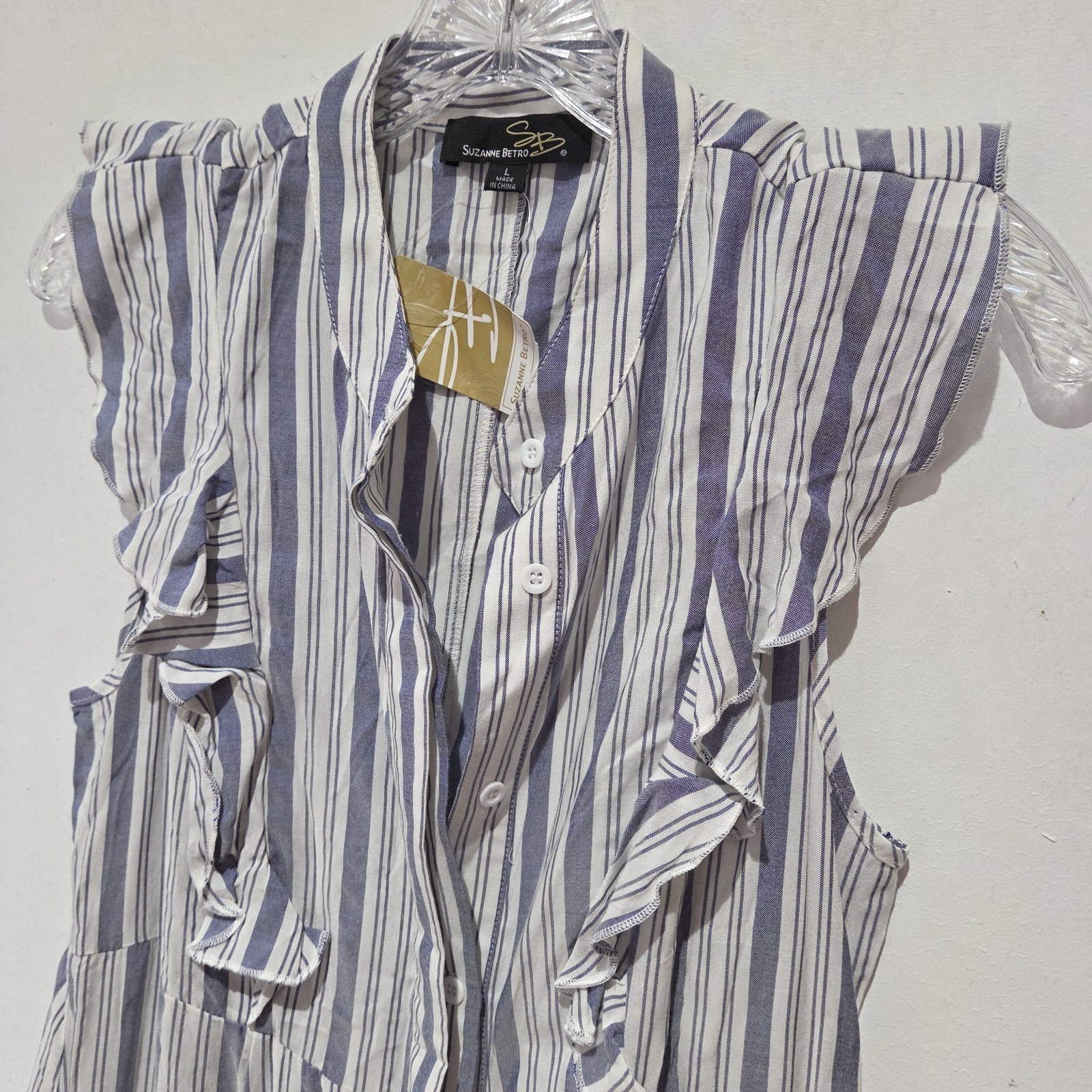 Button Down Dress Blue Stripe Size Large Nwt Short Sleeve By Suzanne Betro
