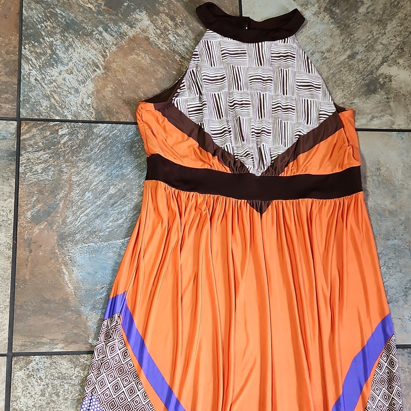 Luxology Women’s XL Orange Brown White Blue Geometric Halter Maxi Dress Long