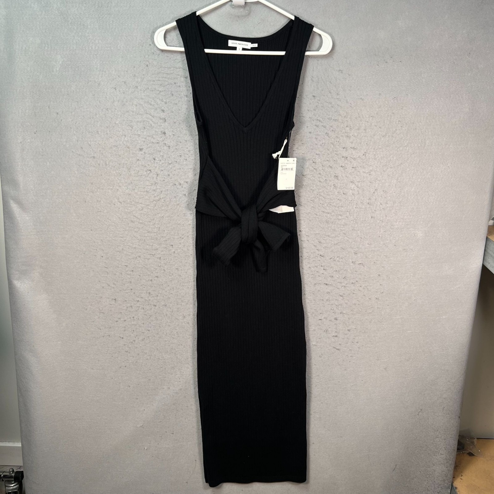 Good American Black Ribbed Midi Dress w/ Tie Waist Detail Womens Size 1 NEW!