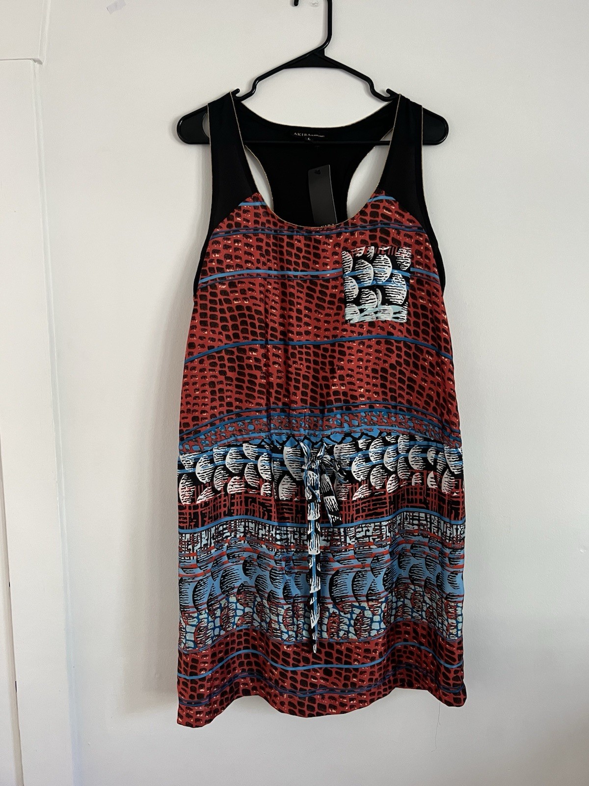 Akira Chicago Black Label Mini Dress Size Large Red Blue Black Tie Waist NWT