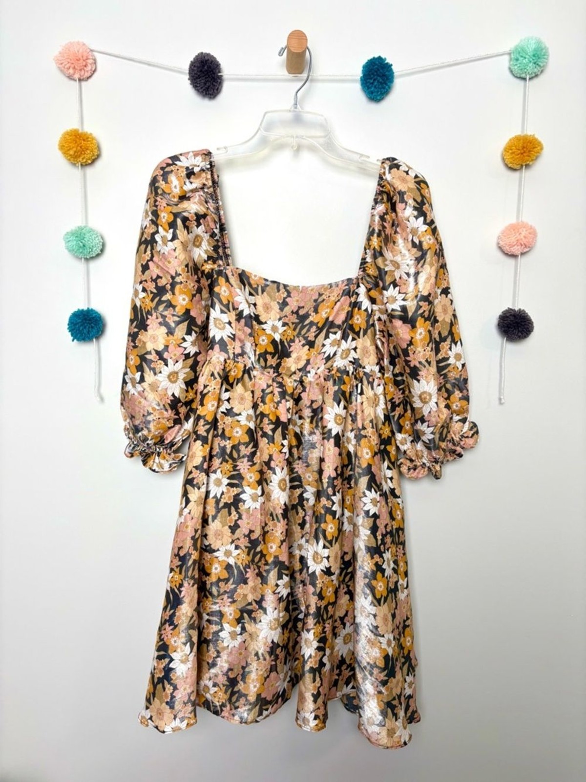 Storia Babydoll Puff Sleeve Floral Metallic Sheen Flowy Dress