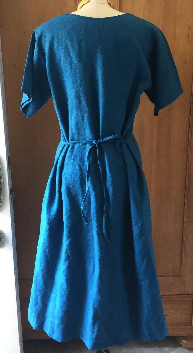 JES ‘Irie’ Wear Bold Turquoise Linen Short Sleeve Dress~ Waist Tie~ MEDIUM NWOT
