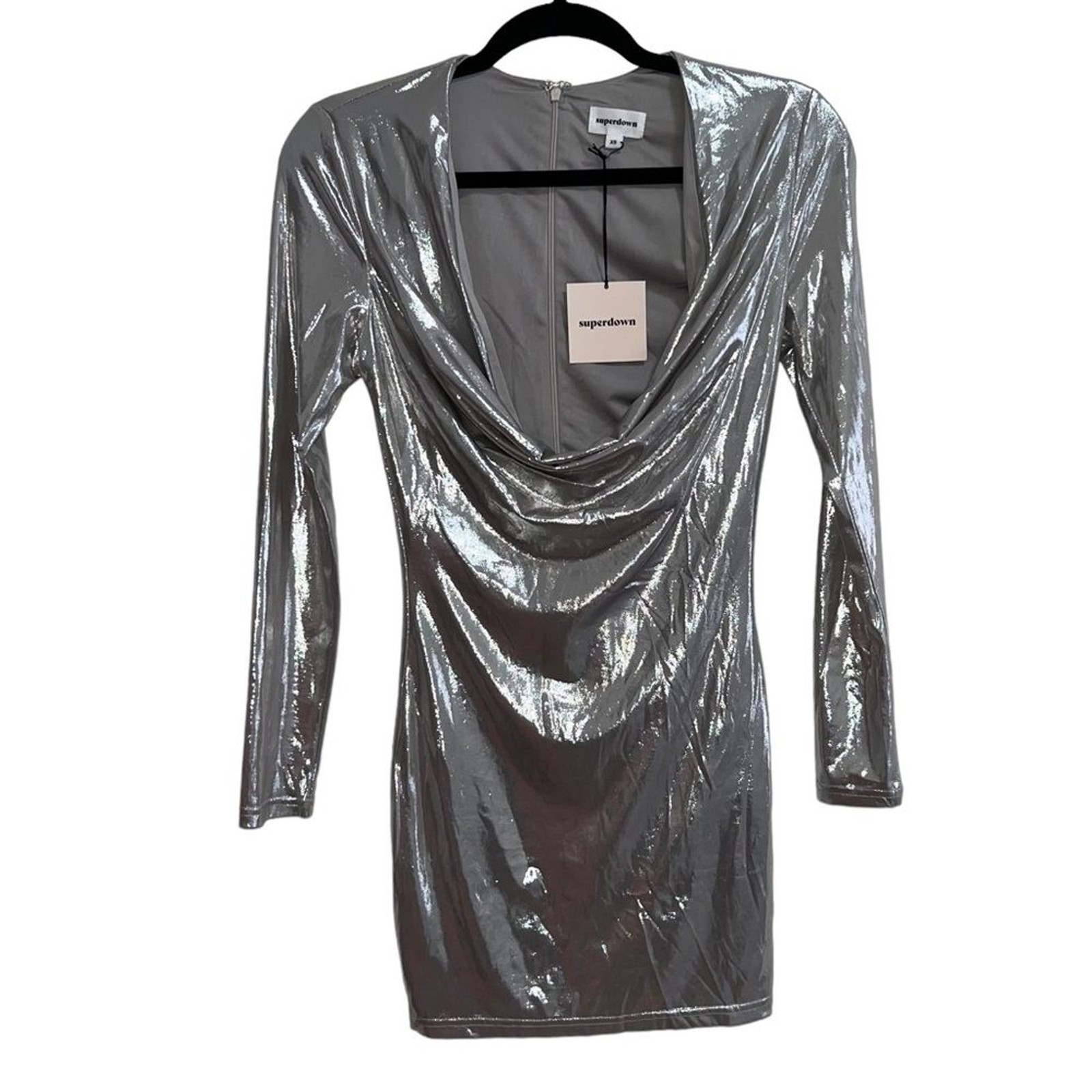 NEW NWT Superdown Gwen Long Sleeve Draped Neck Mini Dress Silver Metallic SZ XS