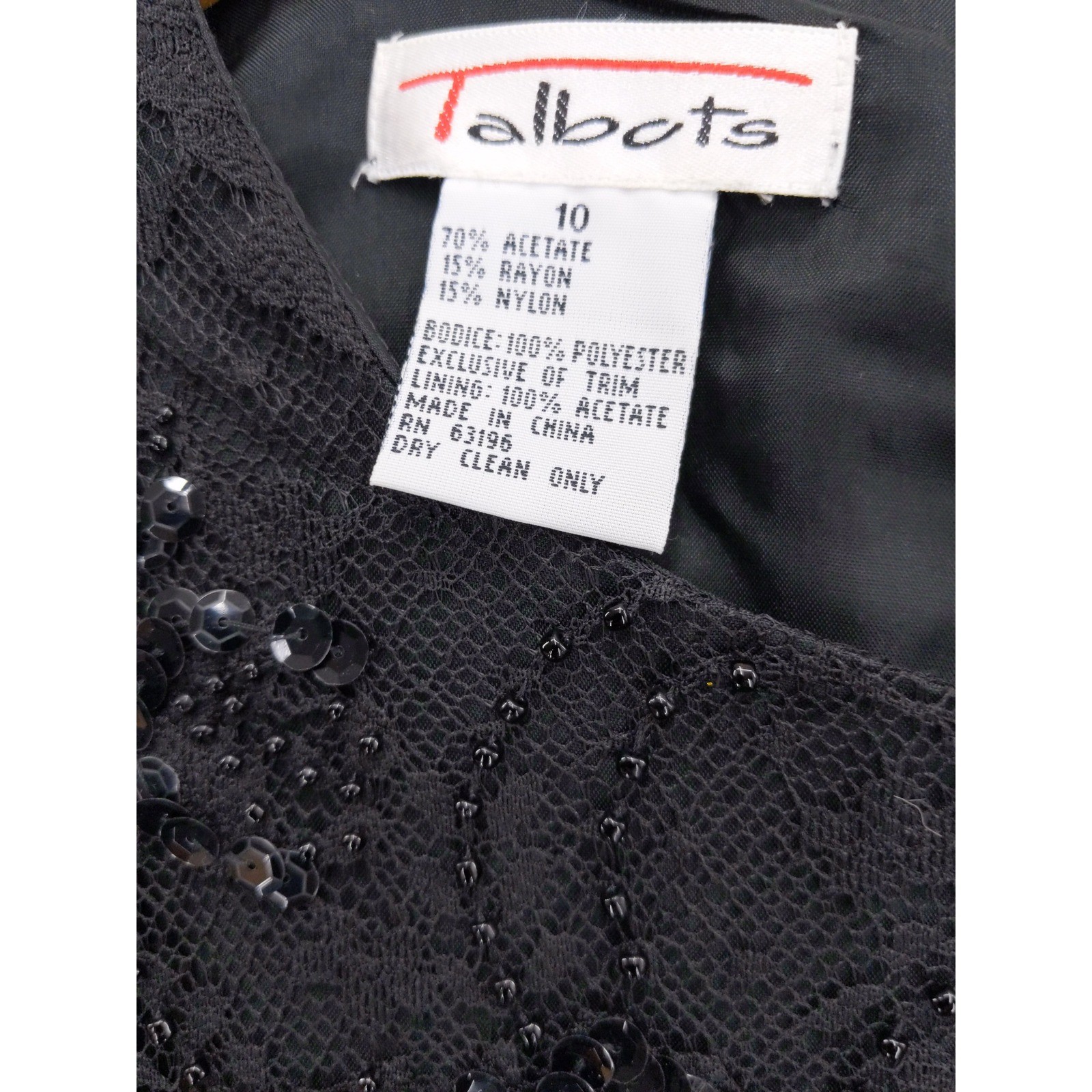Talbots Sheath Dress Women 10 Black Sequin Beaded Lace Velvet Long Sleeve Formal