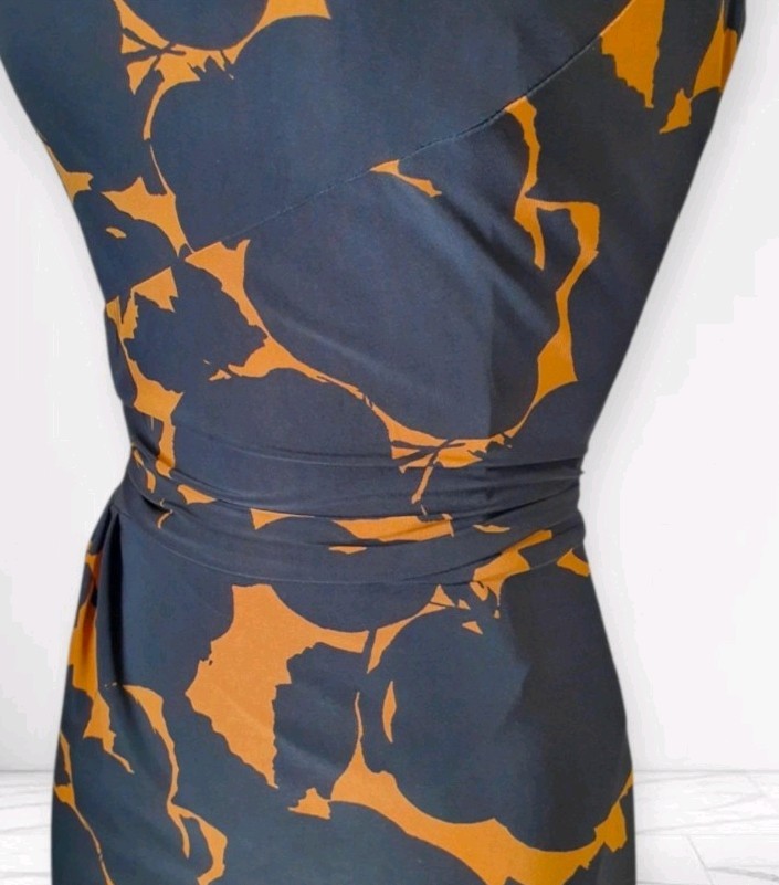 Phase Eight black fawn camel dress abstract floral ruched wiggle size 12 DEFECT