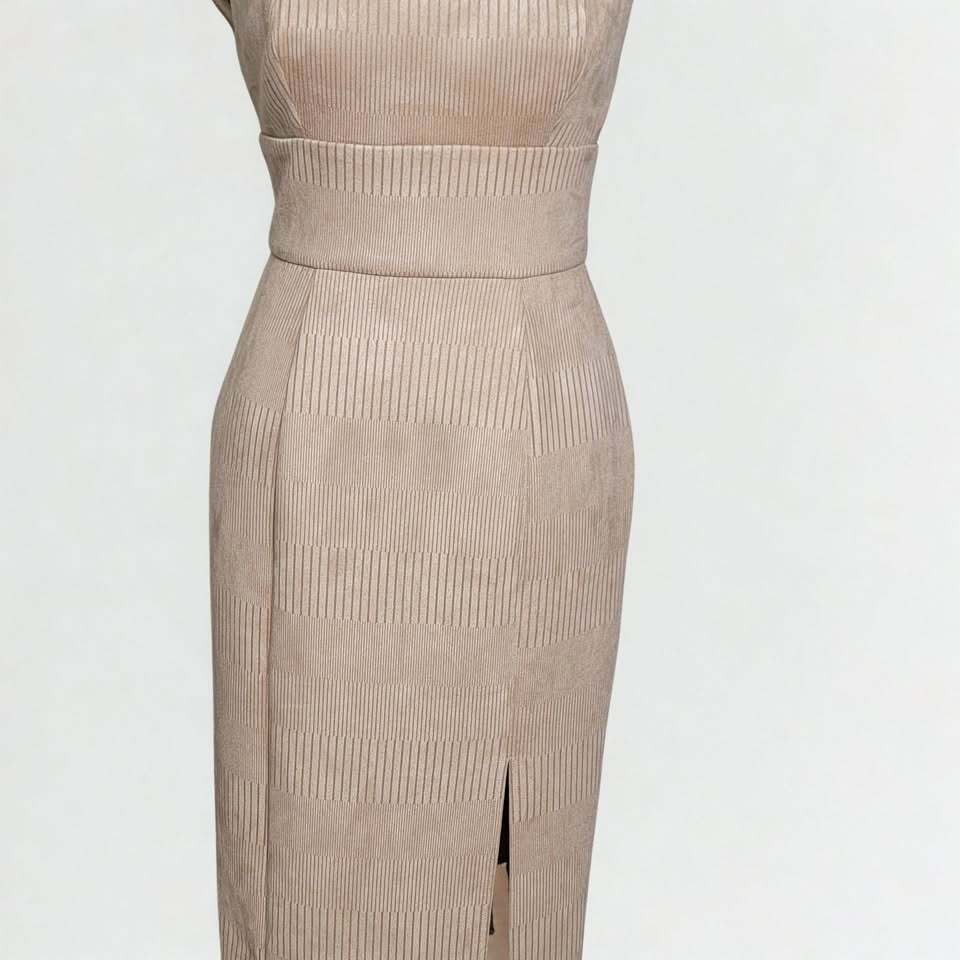 NWT Saints + Secrets Medium Nude Beige Suede Ribbed Bodycon Midi Sheath Dress