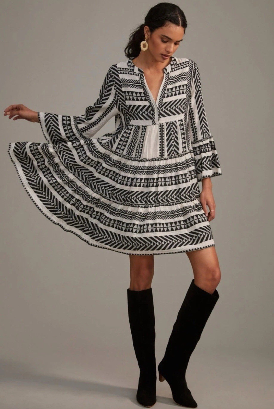 Anthropologie Devotion Twins Embroidered Ella Tunic Dress Black & White Size S