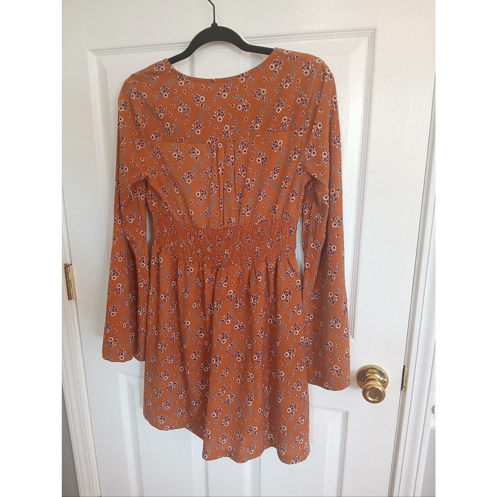 Lira Rust Ditzy Floral Long-Sleeve Smocked Waist Mini Dress Cottage Boho Fairy