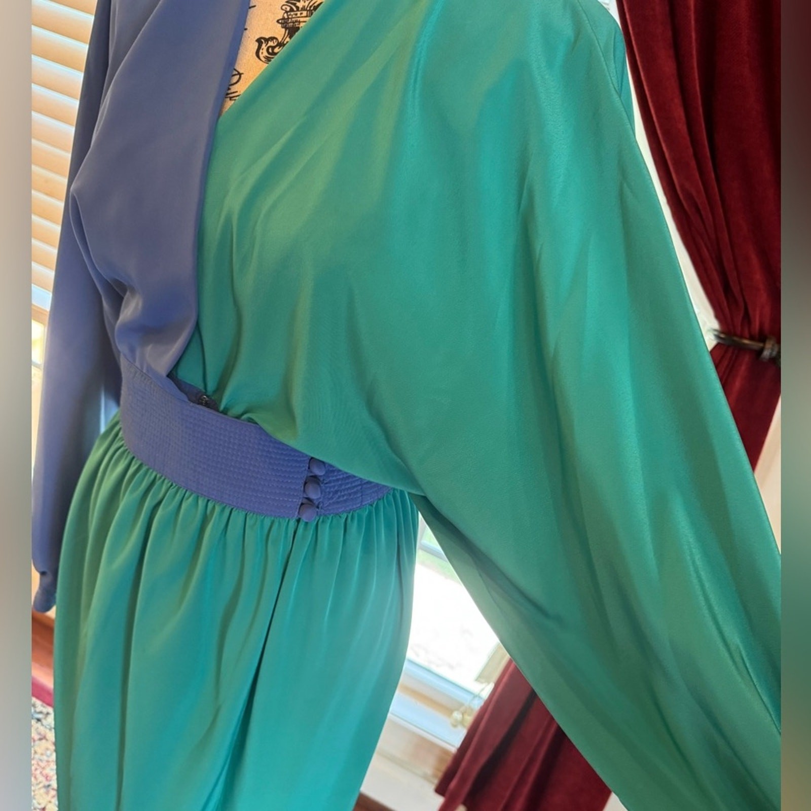 Adele Simpson Vintage Color Block Bat Wing Dress Blue Green Flowy Long Sleeve 8