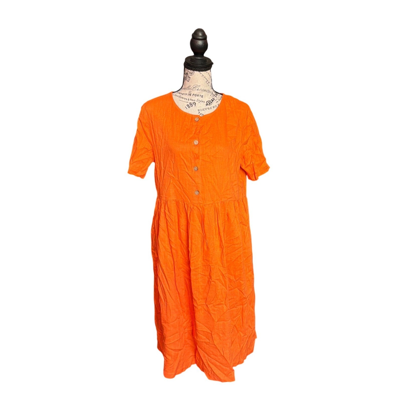Emery Rose Orange Short Sleeve Babydoll Midi Dress Cotton Blend Linen Look L
