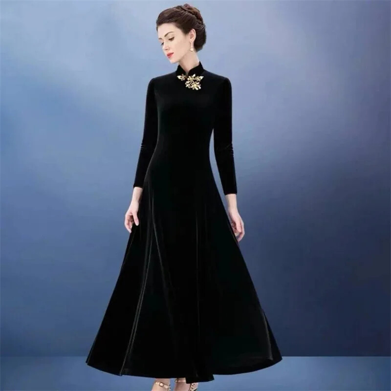 Women Velvet Maxi Dress Chinese Traditional Style Tunic Cheongsam Qipao