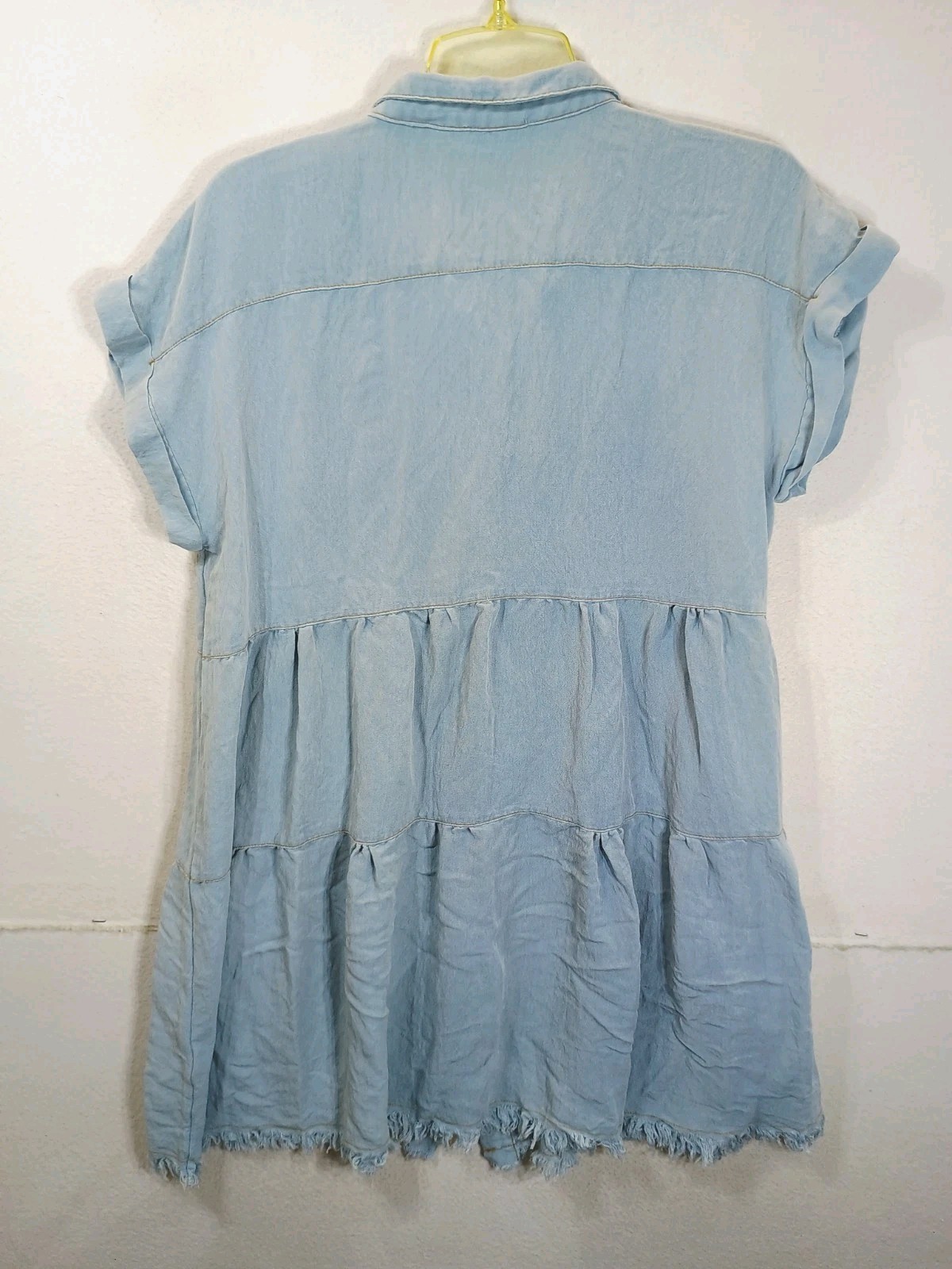 Umgee USA Button Front Shirt Dress Frayed Hem Sz L Powder Blue