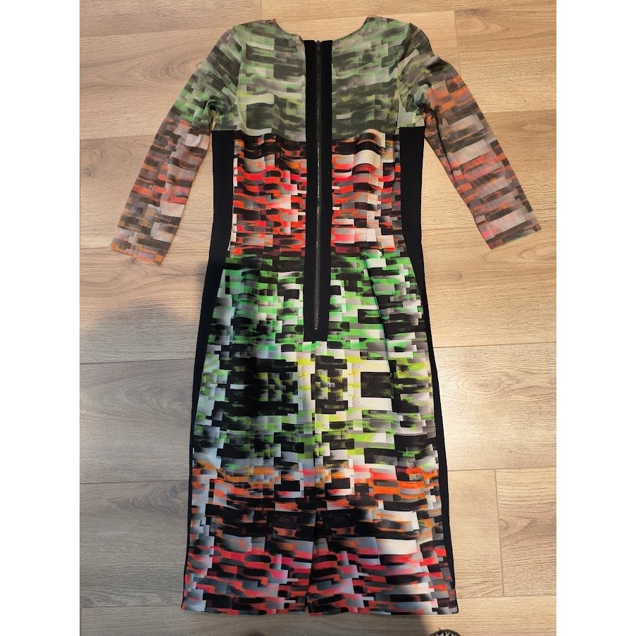 Rickie Freeman Teri Jon Multi Color Digital Glitch Print Mesh Sleeve Dress 6