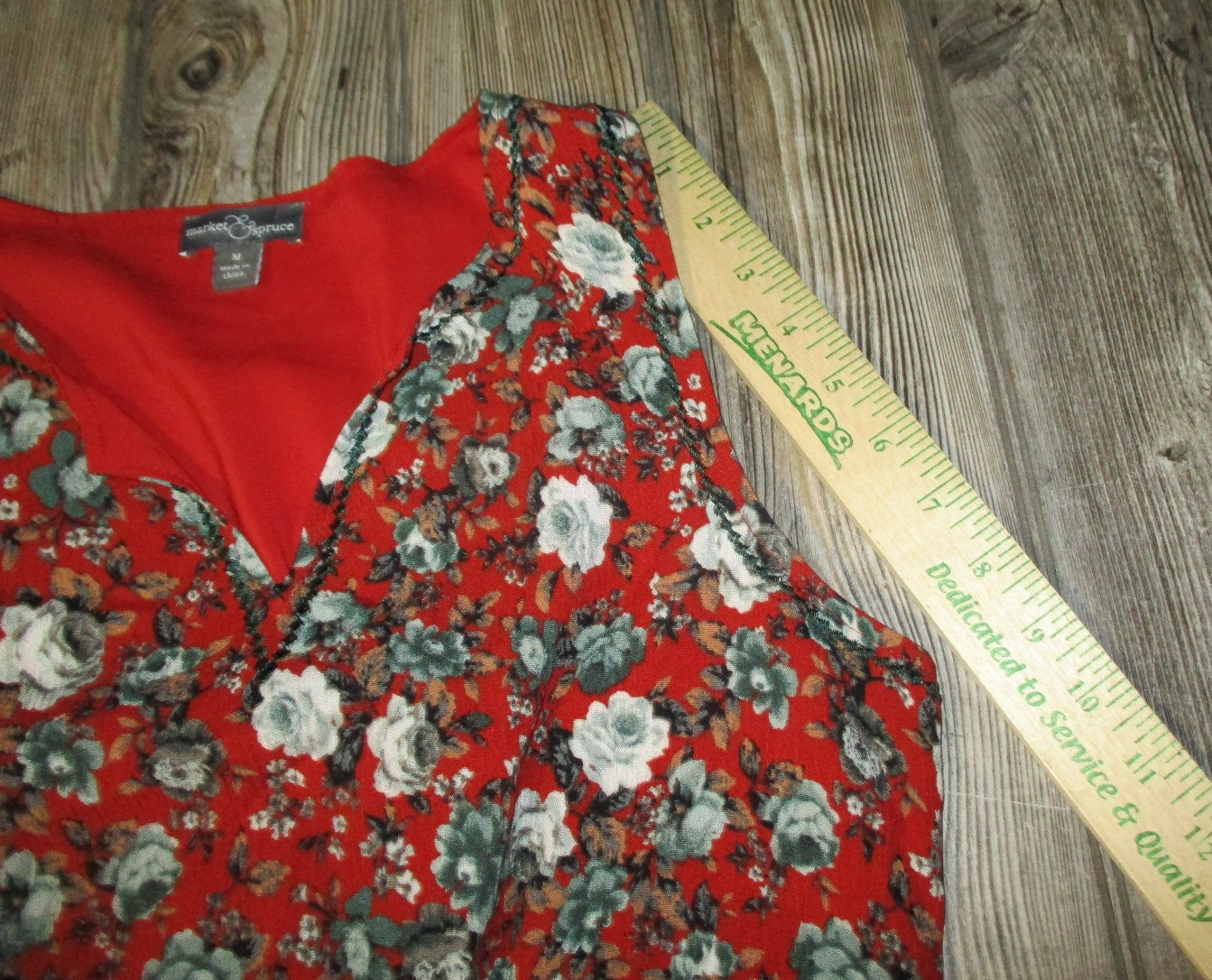 Market & Spruce Floral Gauze Red Embroidered Trim V-Neck Sleeveless Dress Size M