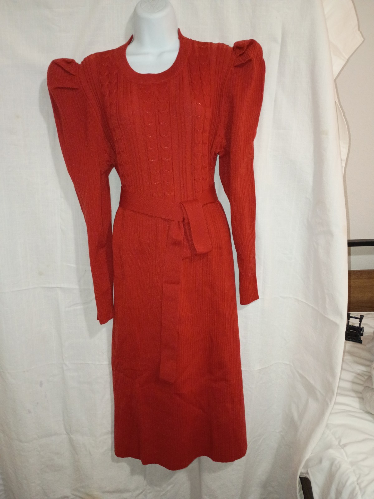 Women’s Red Solid Knit Sweater Dress Round Neck Puff Sleeve Belted Midi 3